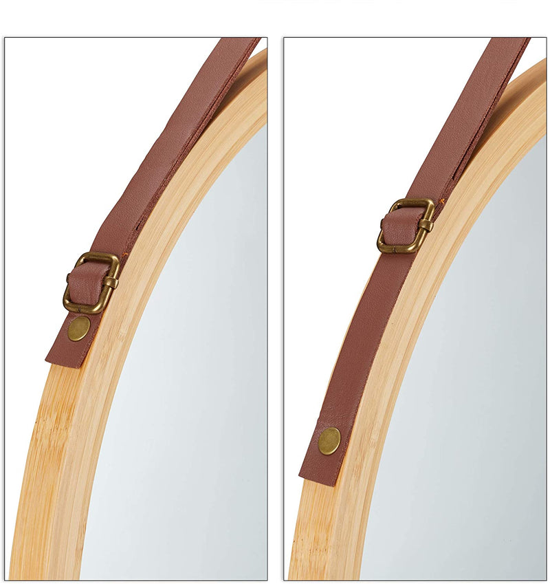 Round Hanging Wall Mirror, Bamboo Frame, 38cm in Natural - size and scale view