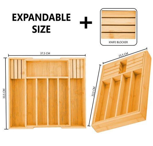 Bamboo Expandable Cutlery Drawer Organiser with Knife Block in Natural - alternate angle
