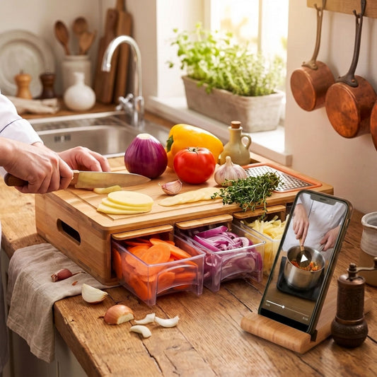 Bamboo Cutting Board with 4 Trays, Graters & Mobile Holder gift in Natural - alternate angle