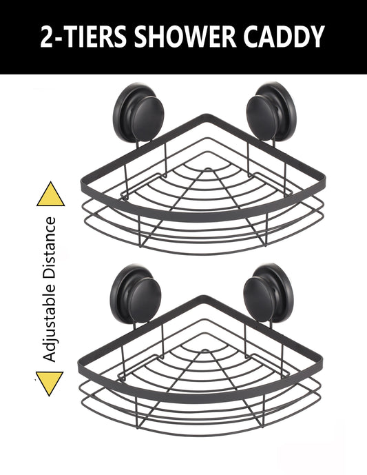 2-Pack Round Metal Corner Caddy Shelf with Premium Vacuum Suction in Black - alternate angle