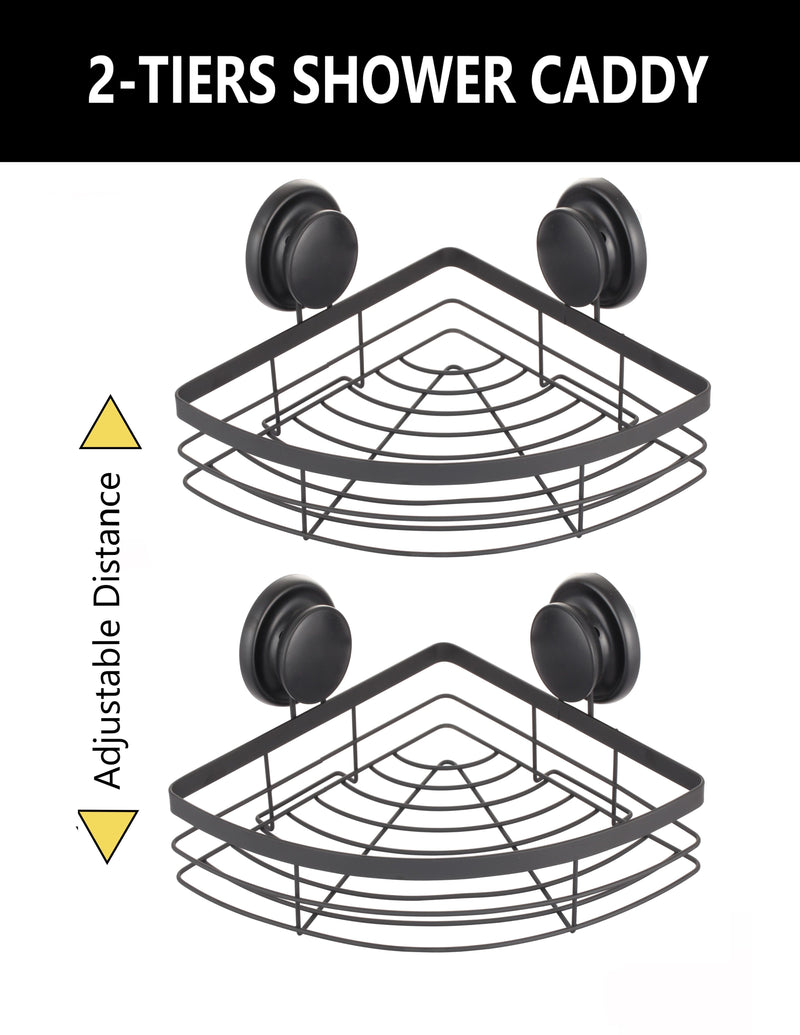 2-Pack Round Metal Corner Caddy Shelf with Premium Vacuum Suction in Black - alternate angle