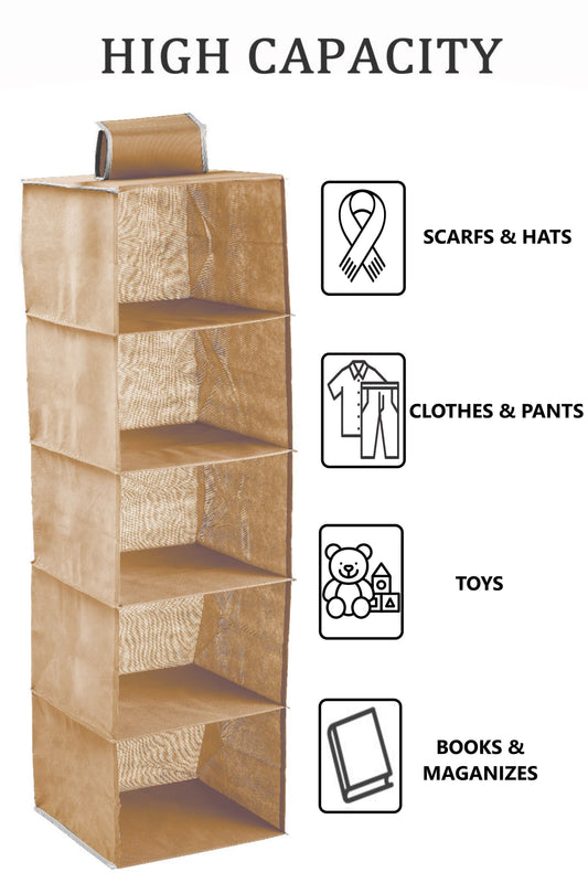 5-Tier Hanging Wardrobe Organiser, Non-Woven Fabric, Beige - alternate angle