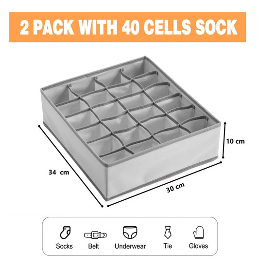 Drawer Organiser Set of 2, 40 Cell Fabric Divider, Grey - alternate angle