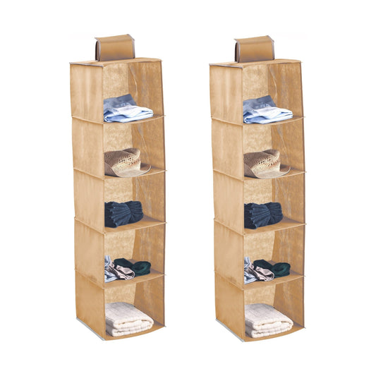 2 Pack 5-Tier Hanging Wardrobe Organiser, Non-Woven Fabric, Beige - main product image