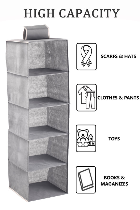 3 Pack 5-Tier Hanging Wardrobe Organiser, Non-Woven Fabric, Grey - detail view