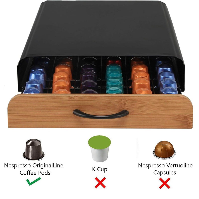 Coffee Pod Holder Bamboo Drawer for 60 Capsules