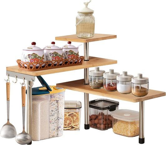 3 Tier Bamboo Corner Spice Rack with Hooks, Natural - main product image