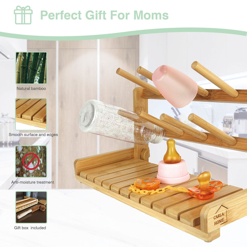 Bamboo Baby Bottle Drying Rack with Bottle Brush, Portable, Kitchen in Natural - detail view