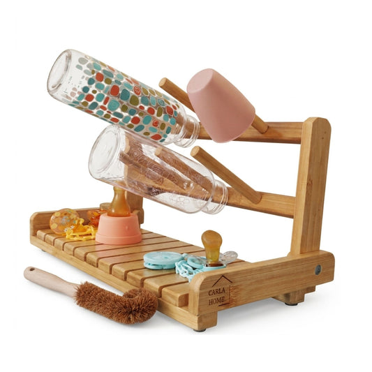 Bamboo Baby Bottle Drying Rack with Bottle Brush, Portable, Kitchen in Natural - main product image