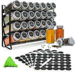 4 Tier Spice Rack Organiser with 28 Glass Jars, 300 Labels & Funnel, Black - main product image