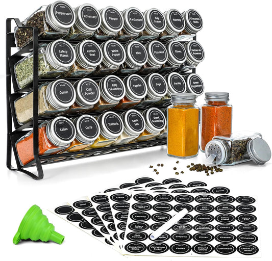 4 Tier Spice Rack Organiser with 28 Glass Jars, 300 Labels & Funnel, Black - main product image