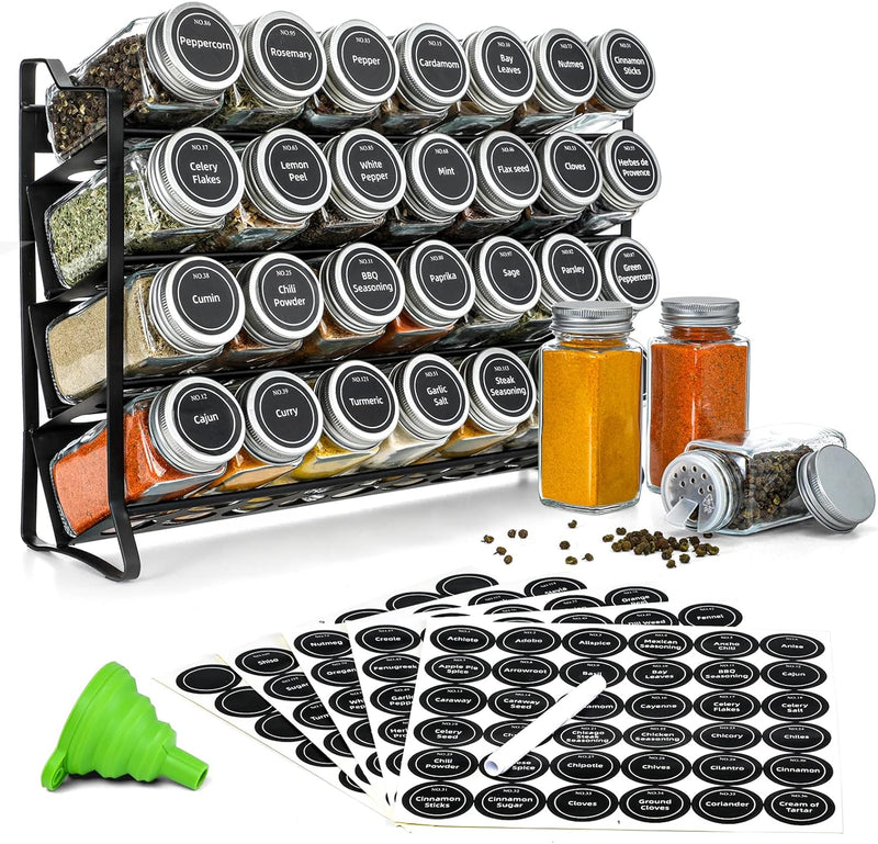 4 Tier Spice Rack Organiser with 28 Glass Jars, 300 Labels & Funnel, Black - main product image