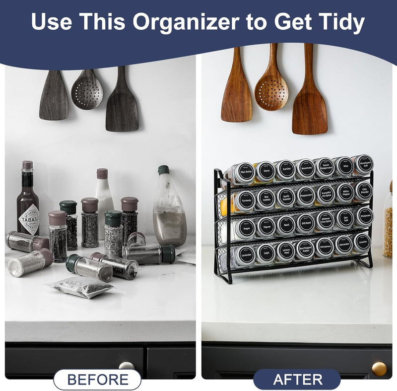 4 Tier Spice Rack Organiser with 28 Glass Jars, 300 Labels & Funnel, Black - detail view