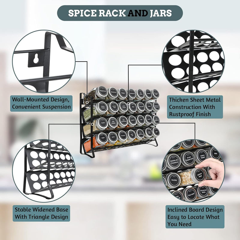 4 Tier Spice Rack Organiser with 28 Glass Jars, 300 Labels & Funnel, Black - size and scale view
