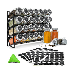 4 Tier Spice Rack Organiser with 28 Glass Jars, 300 Labels & Funnel
