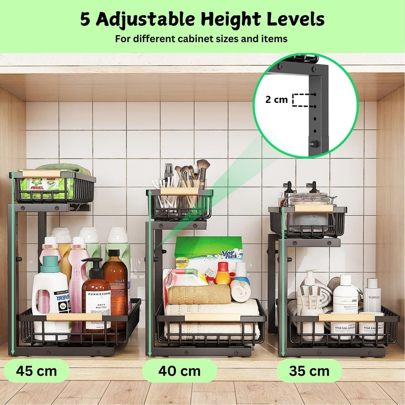 2 Tier Under Sink Organiser with Adjustable Height - Black - size and scale view