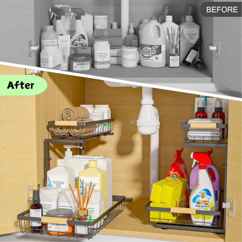 2 Tier Under Sink Organiser with Adjustable Height - Black