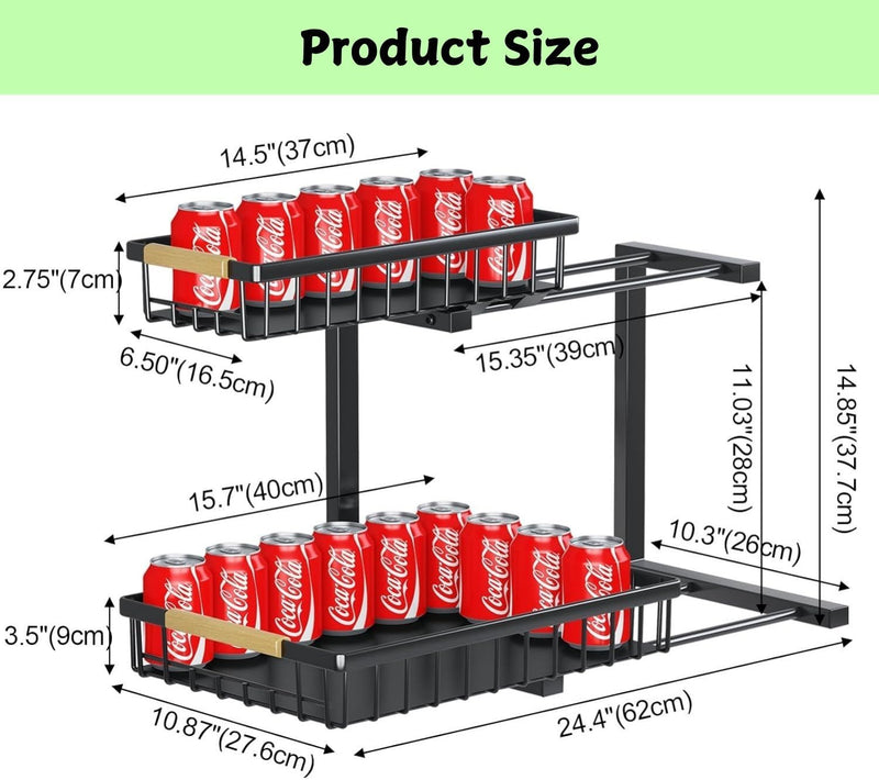 2 Tier Under Sink Organiser with Adjustable Height - Black