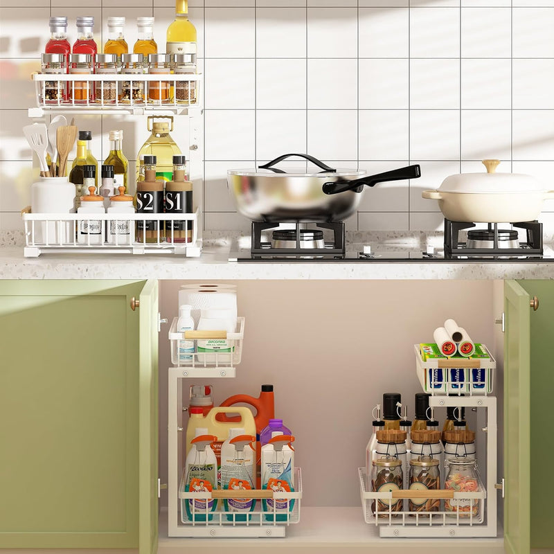 2 Tier Under Sink Organiser with Adjustable Height - White - alternate angle