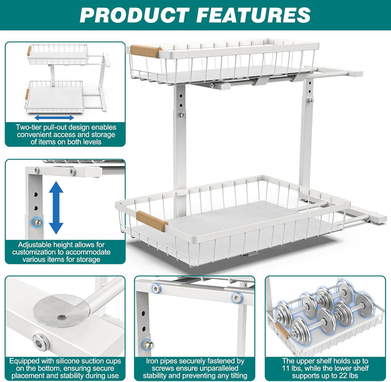 2 Tier Under Sink Organiser with Adjustable Height - White - detail view