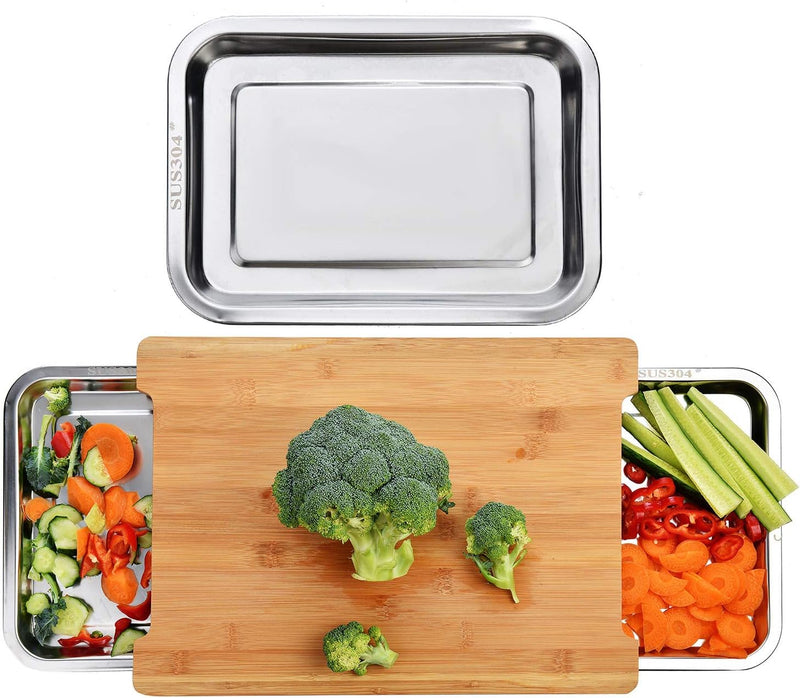 Bamboo Cutting Board with 2 Stainless Steel Trays for Meal Prep, Natural - main product image