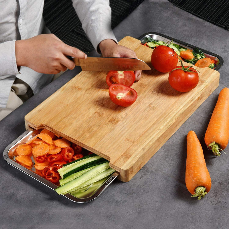 Bamboo Cutting Board with 2 Stainless Steel Trays for Meal Prep, Natural - alternate angle