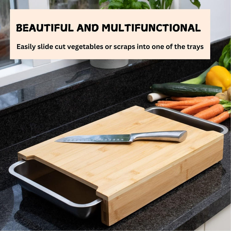 Bamboo Cutting Board with 2 Stainless Steel Trays for Meal Prep, Natural - additional product view