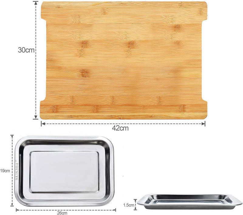 Bamboo Cutting Board with 2 Stainless Steel Trays for Meal Prep