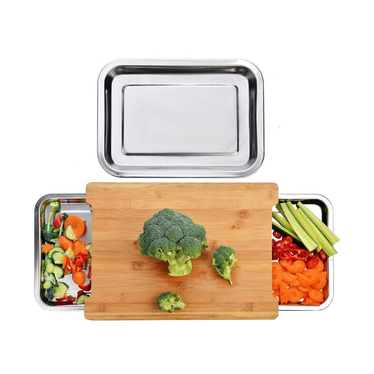Bamboo Cutting Board with 2 Stainless Steel Trays for Meal Prep, Natural - main product image