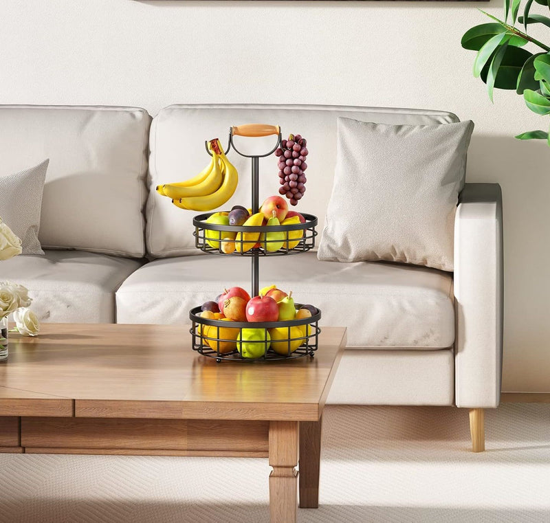 2-Tier Fruit Basket Bowl with Dual Banana Hanger, Black - alternate angle