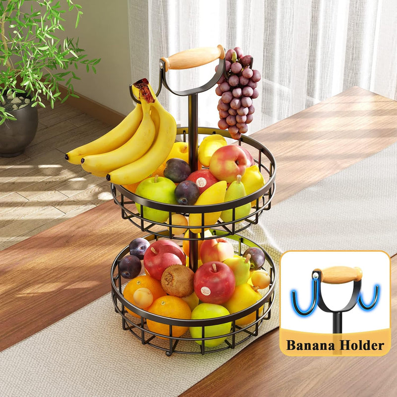 2-Tier Fruit Basket Bowl with Dual Banana Hanger, Black - size and scale view