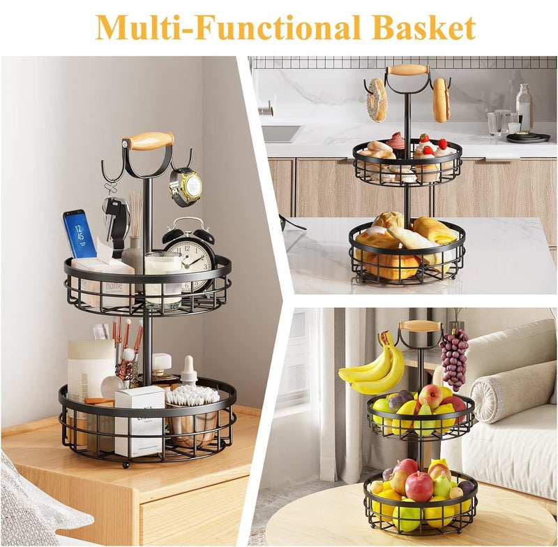 2-Tier Fruit Basket Bowl with Dual Banana Hanger, Black - additional product view
