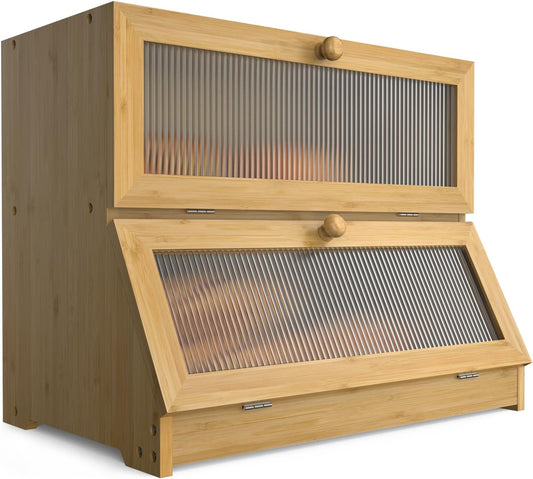 Double Layer Bamboo Bread Box with Clear Window for Kitchen Counter, Natural - main product image