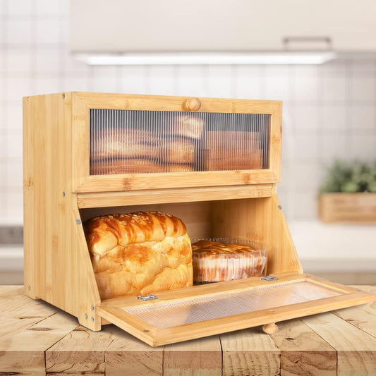 Double Layer Bamboo Bread Box with Clear Window for Kitchen Counter, Natural - alternate angle