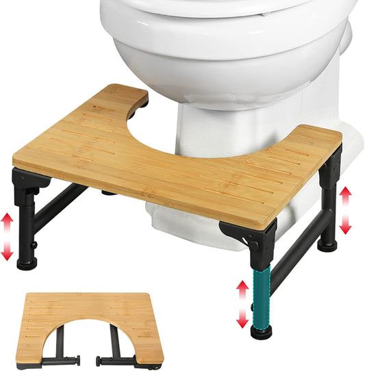 Bamboo Toilet Stool for Bathroom with Adjustable Height & Foldable, Natural - main product image