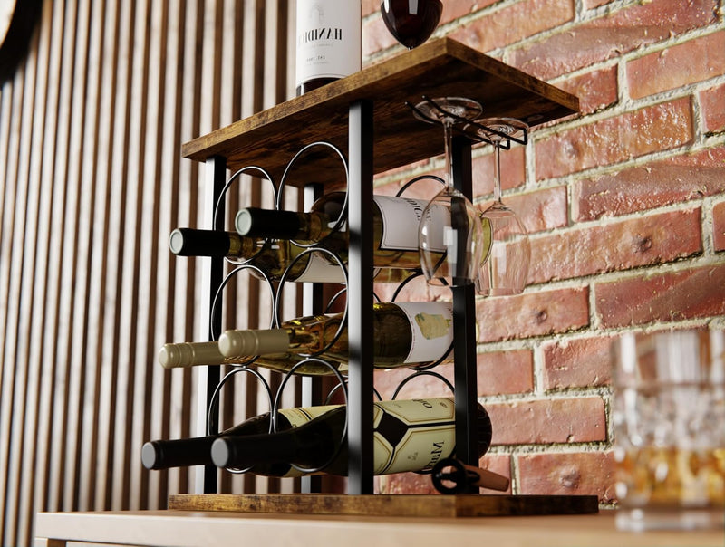 Countertop Wine Rack with Glass Holder for 6 Bottles, Black - detail view