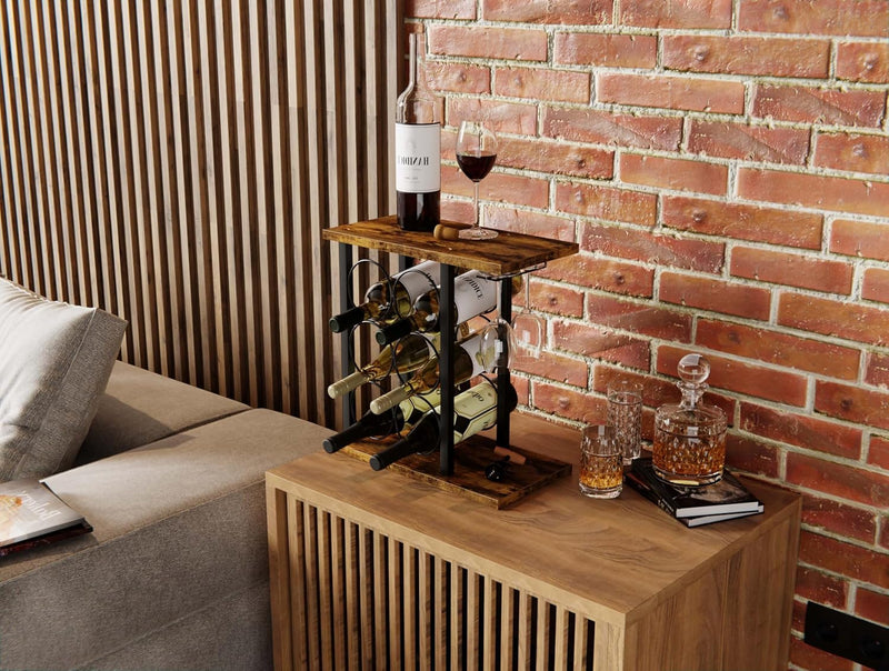 Countertop Wine Rack with Glass Holder for 6 Bottles, Black - size and scale view