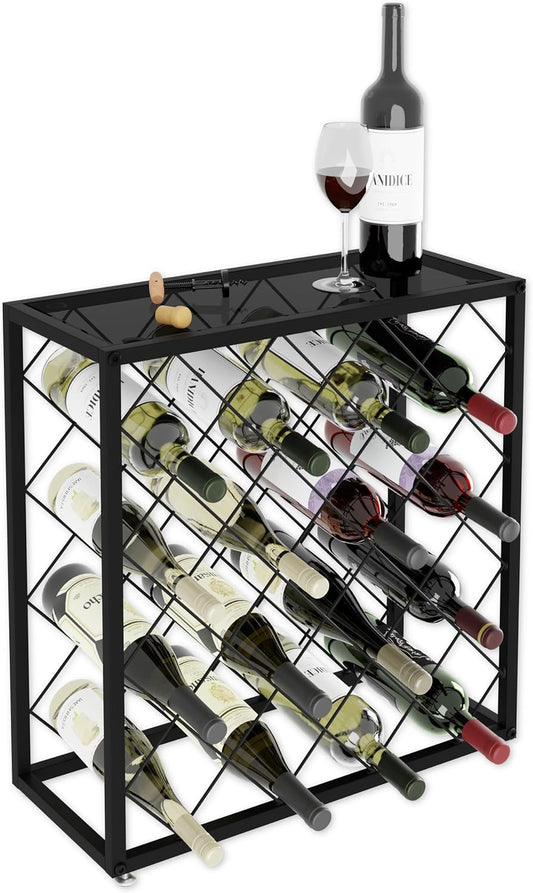 Metal Wine Rack for 25 Bottles with Glass Top Shelf, Black - main product image