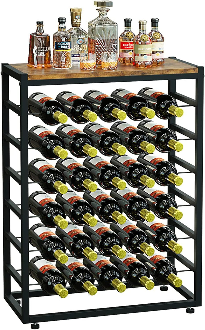 Freestanding 30 Bottle Wine Rack - 6 Tier Metal Shelf with Wood Countertop, Black - main product image