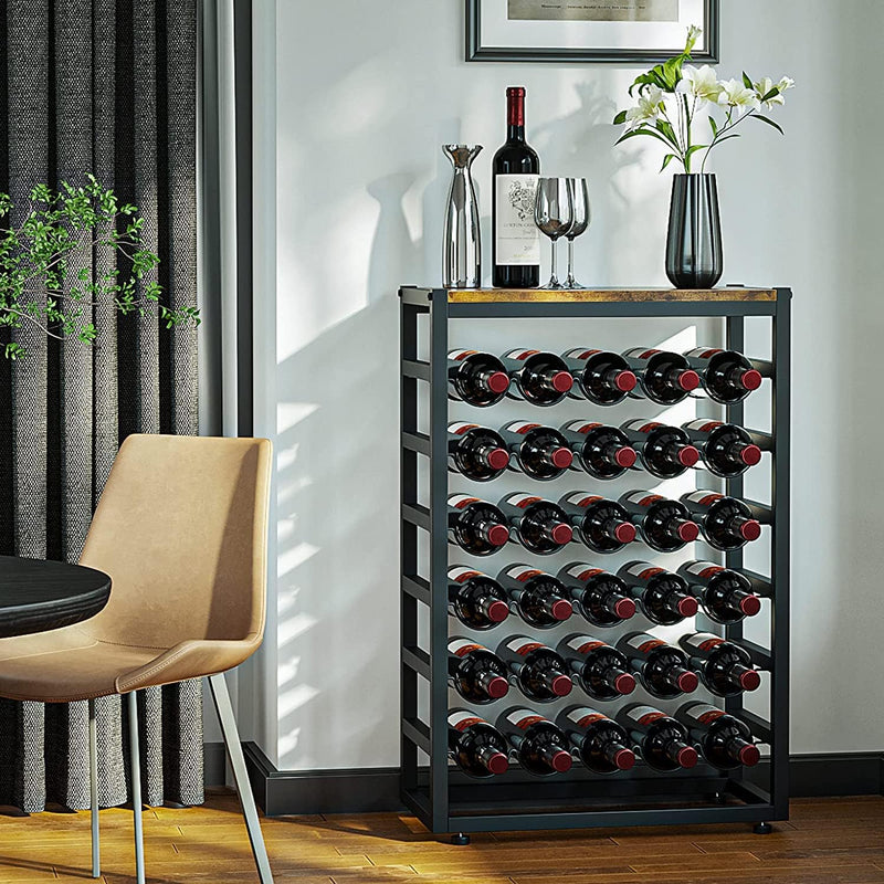 Freestanding 30 Bottle Wine Rack - 6 Tier Metal Shelf with Wood Countertop, Black - alternate angle