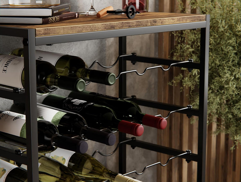 Freestanding 30 Bottle Wine Rack - 6 Tier Metal Shelf with Wood Countertop, Black - detail view