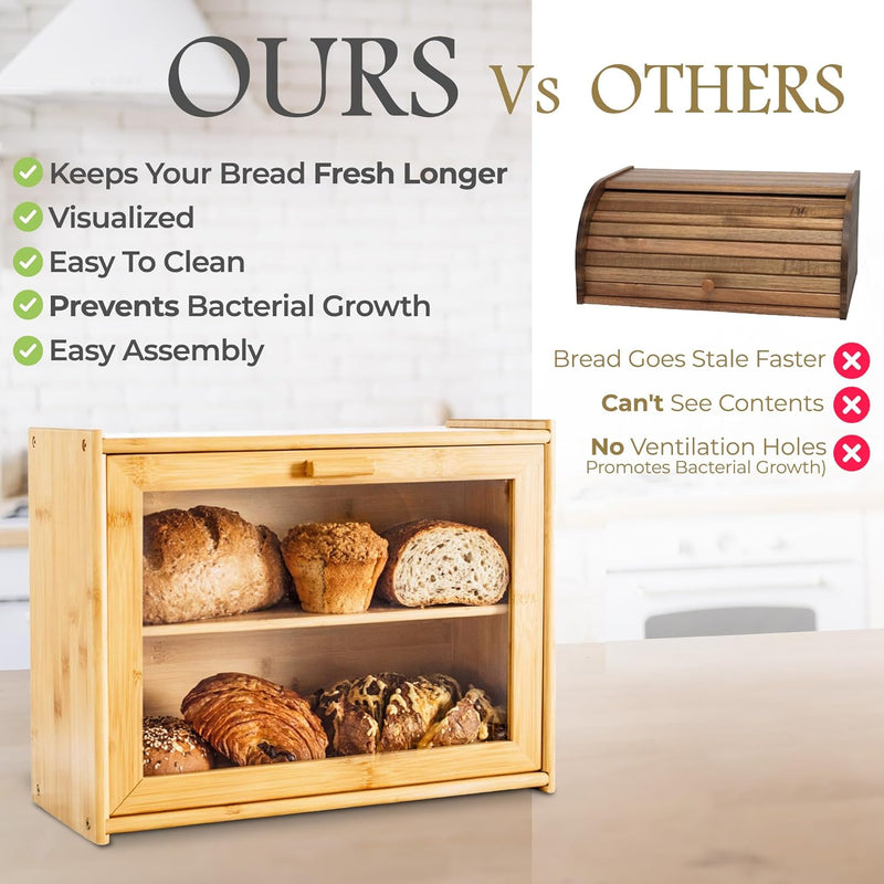 Large Bamboo Bread Box with Clear Window for Kitchen Counter, Natural - size and scale view