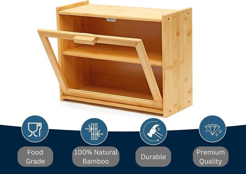 Large Bamboo Bread Box with Clear Window for Kitchen Counter