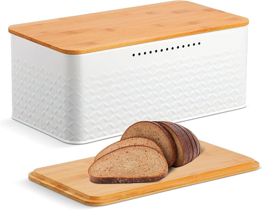 Stylish Bread Bin with Bamboo Lid for Countertop Storage, White - main product image