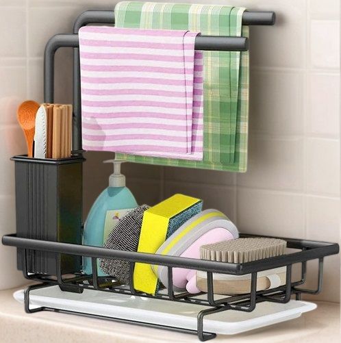 Kitchen Sink Caddy Sponge Holder with Drain Tray, Black - alternate angle
