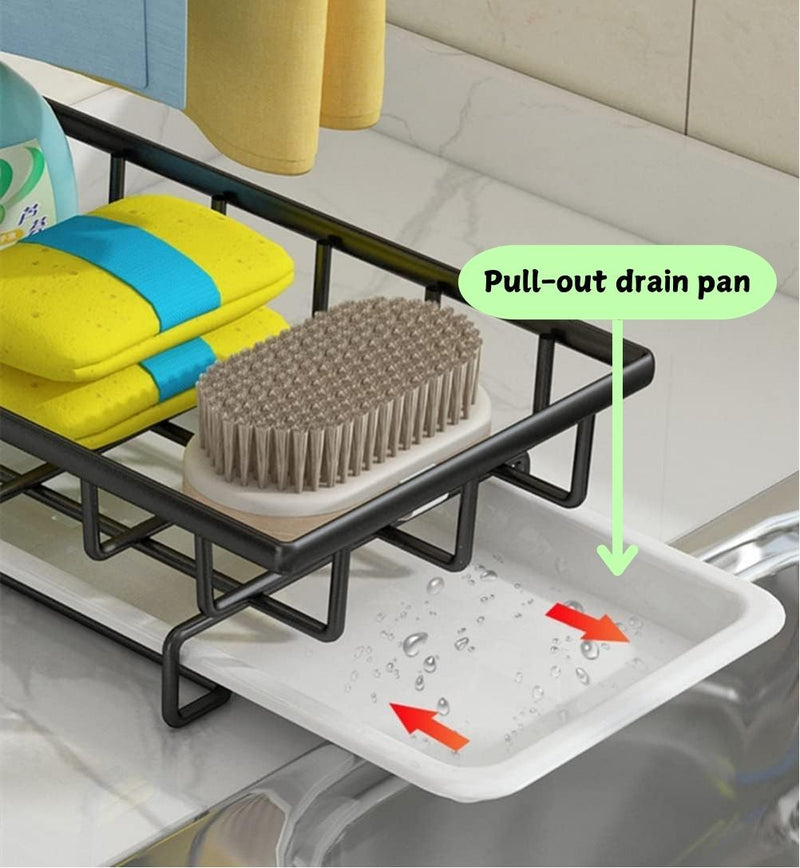 Kitchen Sink Caddy Sponge Holder with Drain Tray, Black - size and scale view