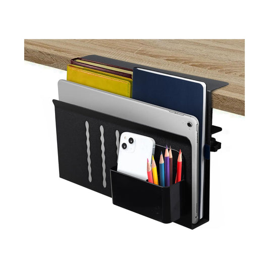 Under Desk Side Laptop Holder Storage with No Drill Cable Management Tray and Pen Storage for Office, Black - main product image