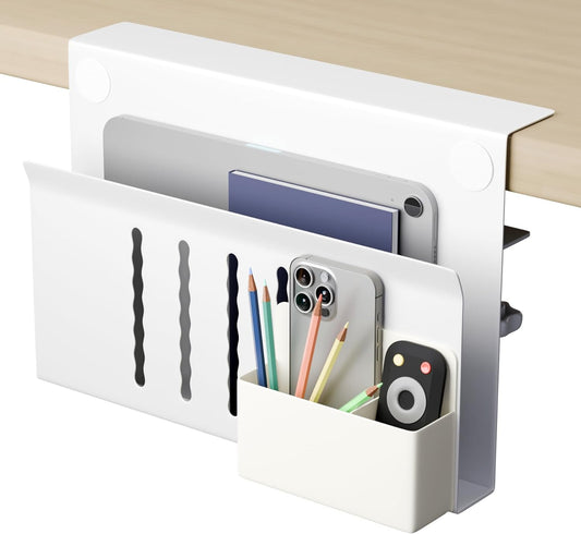 Under Desk Side Laptop Holder Storage with No Drill Cable Management Tray and Pen Storage for Office, White - main product image