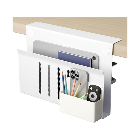 Under Desk Side Laptop Holder Storage with No Drill Cable Management Tray and Pen Storage for Office, White - main product image