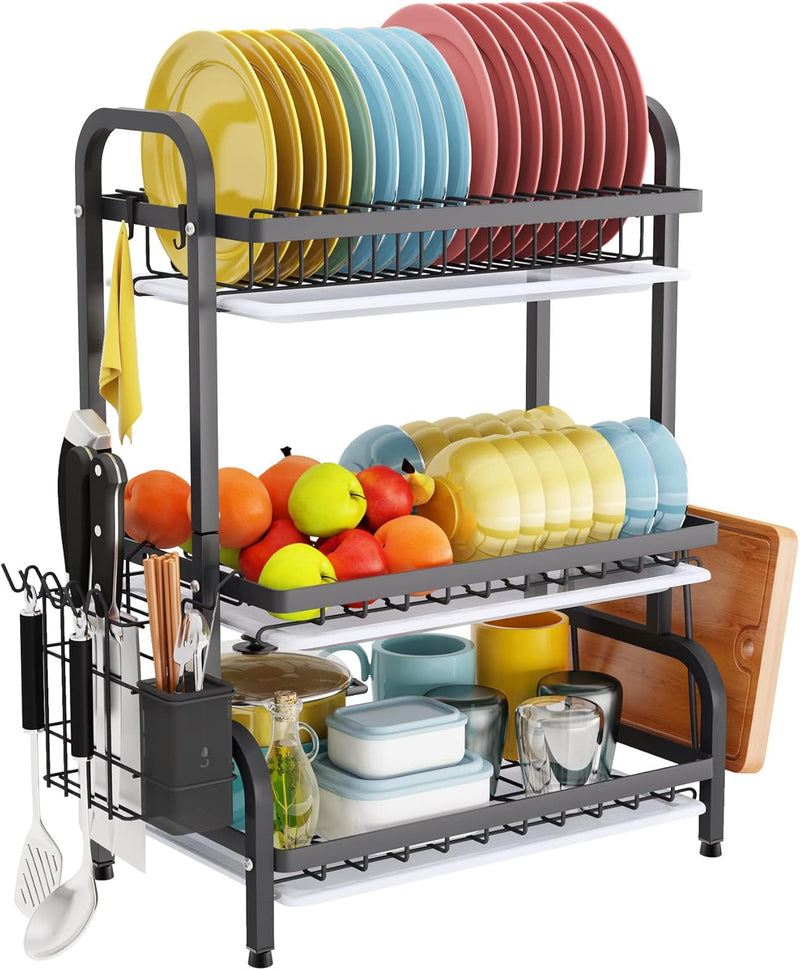3 Tier Dish Drying Rack with Utensil Holder and Cutting Board, Black - main product image